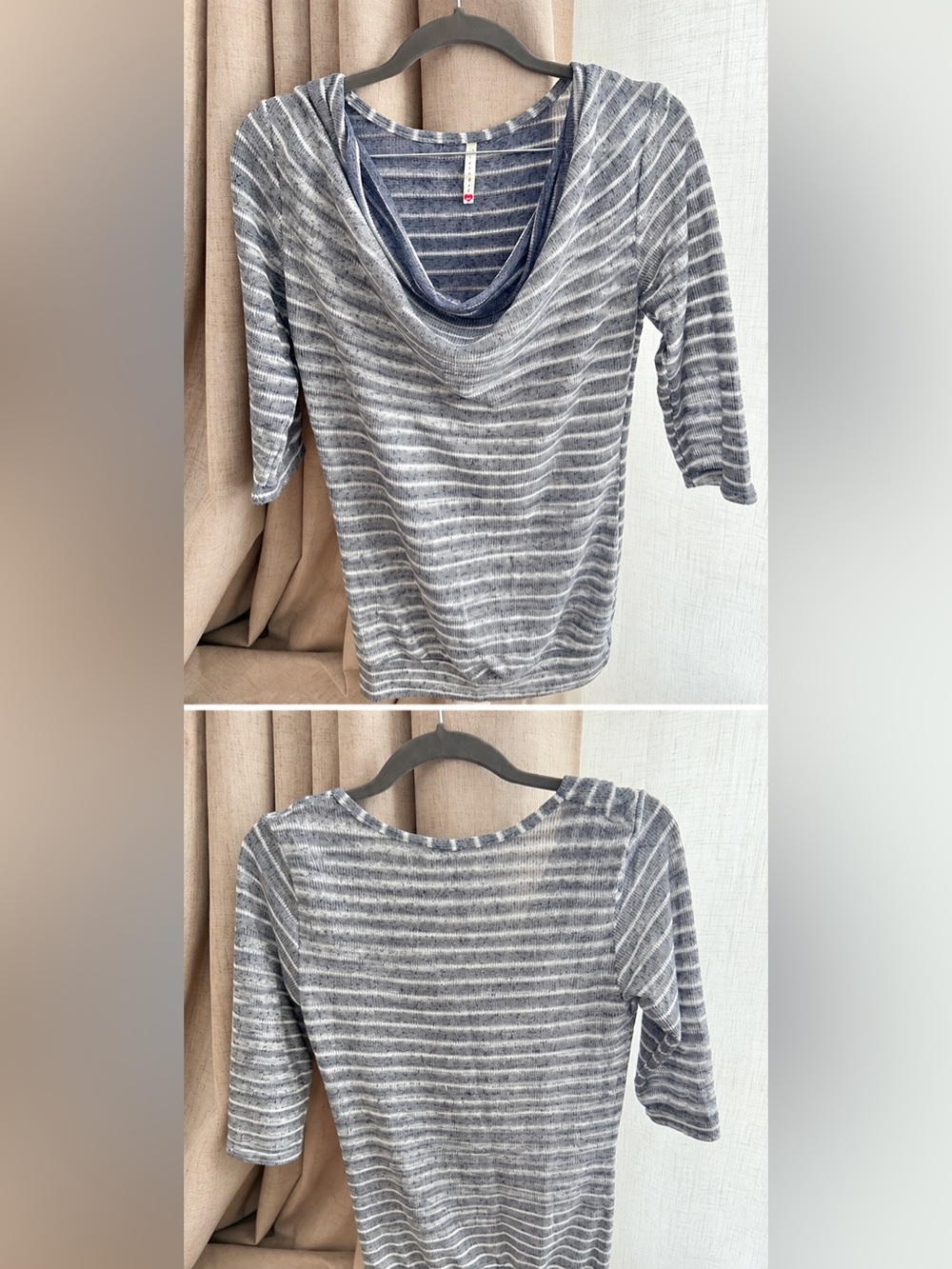 Discreet Gray & White Striped Cowl-Neck Women's Top